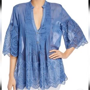 Jonny Was Blue Huma Eyelet pin tucked Button-Up Blouse.  XS